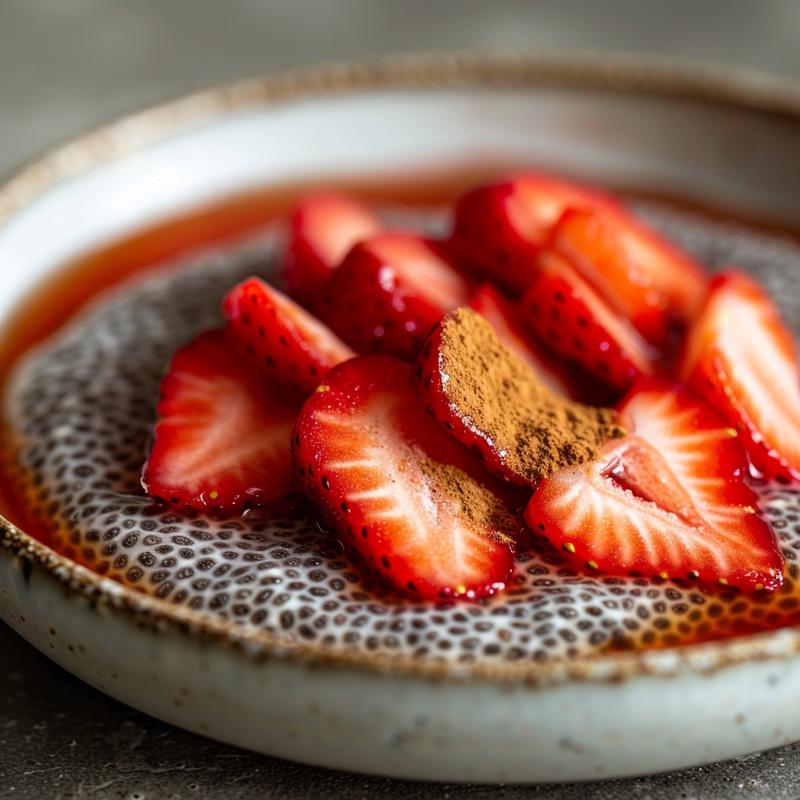 Close-up of strawberry chia pudding on a grey plate.