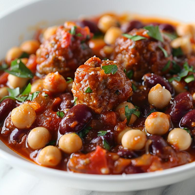 Close-up of meatball casserole showing meatballs, beans, and marinara sauce.