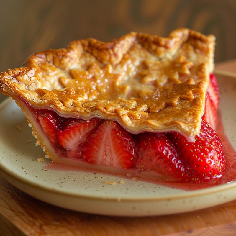 Close up of a strawberry pie slice on a light wood board.