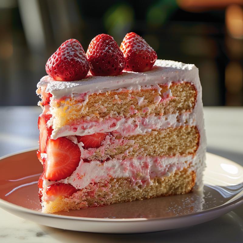 Close-up of a slice of strawberry birthday cake with visible layers and fresh strawberries.