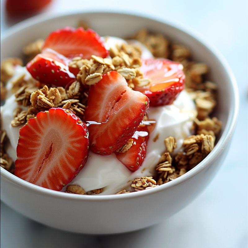 A close-up of a strawberry yogurt parfait with visible layers of yogurt, strawberries, and granola on a white marble surface.