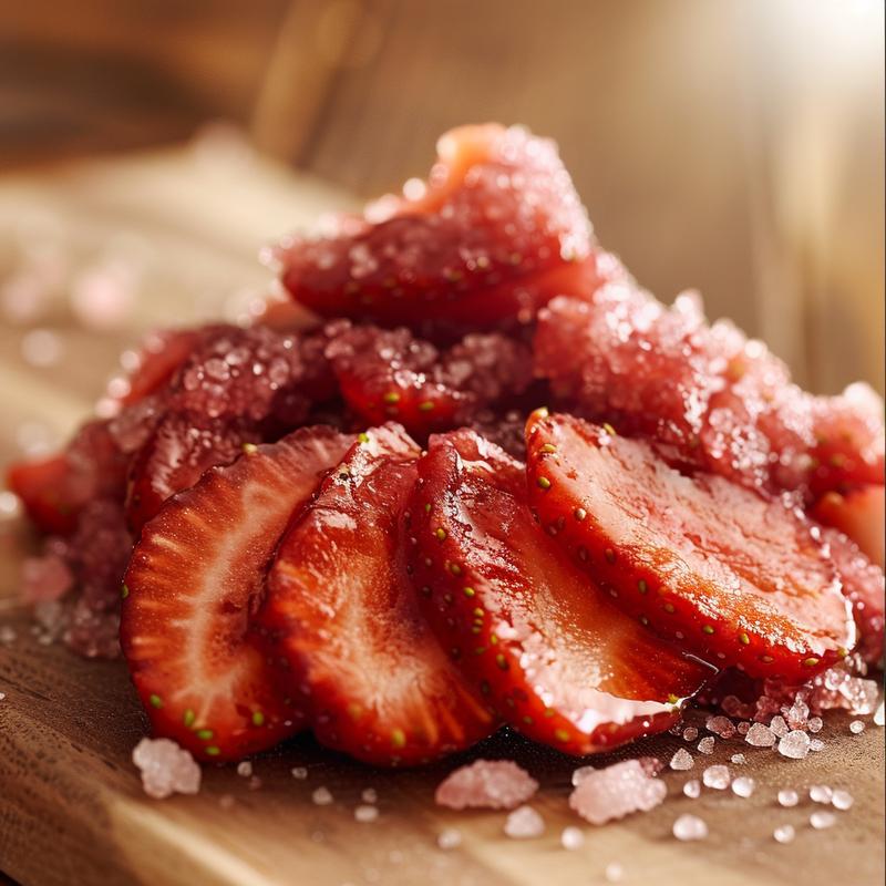 Close-up of bright red homemade strawberry jam on a light wood board.