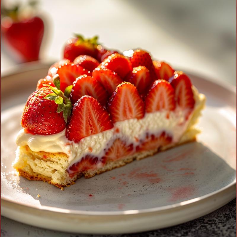 A close-up of a slice of strawberry shortcake on a gray plate.