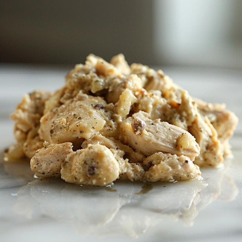 Close-up of creamy, shredded crockpot ranch chicken on white marble.