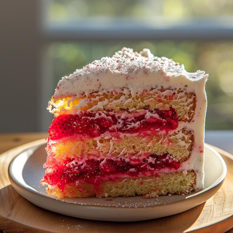 Close-up of a vibrant strawberry cake slice on a plate.