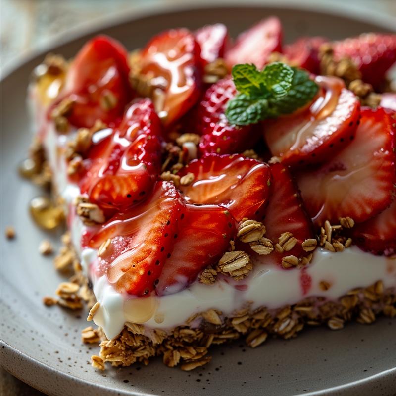 Close-up of strawberry shortcake slice with visible layers of strawberries, yogurt, and granola.