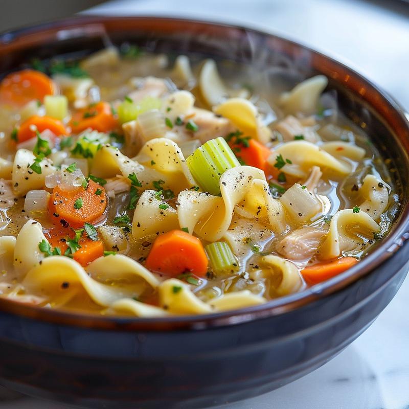 Steaming bowl of chicken noodle soup casserole with visible vegetables.