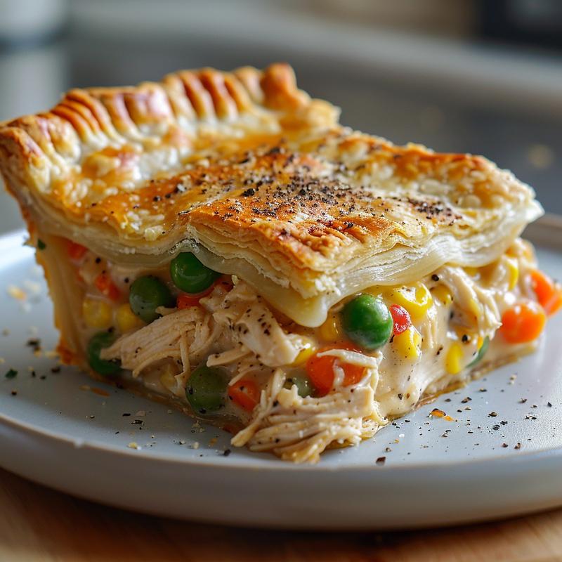 Close-up of a slice of chicken pot pie showing chicken, vegetables, and creamy sauce on a grey plate.