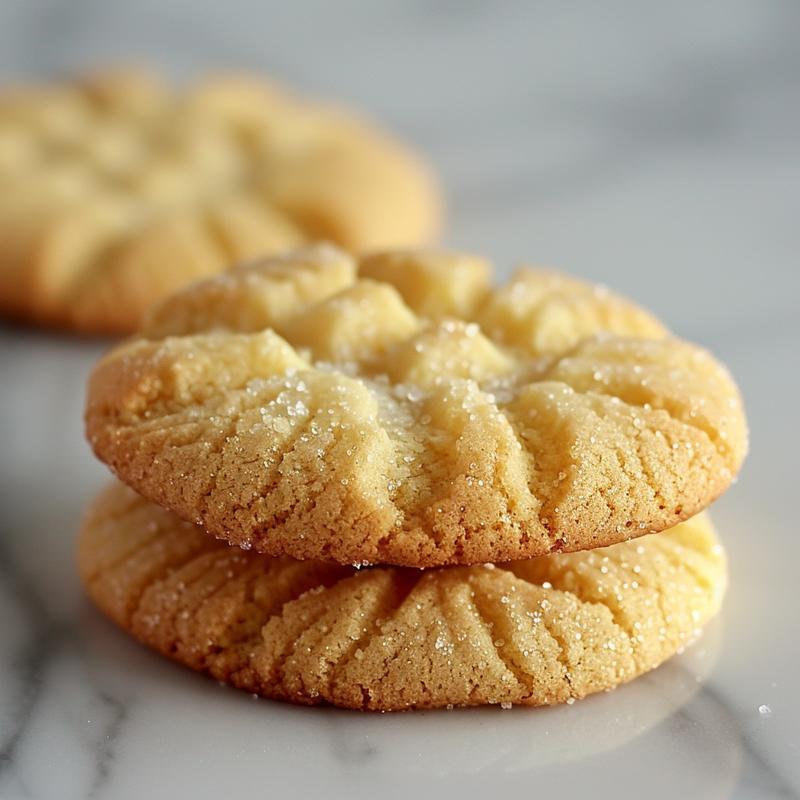 Stack of three sugar cookies on white marble.