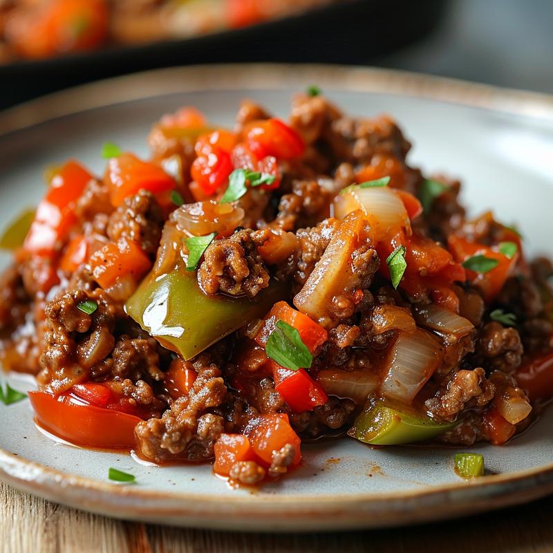 Close-up of stuffed pepper casserole with visible beef, peppers, and tomatoes.