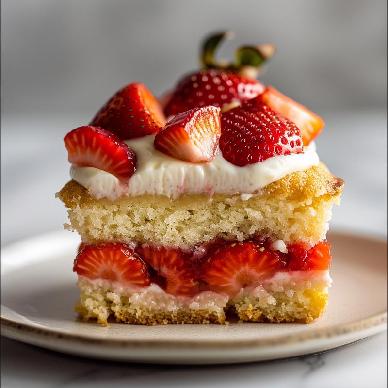 Close-up of a strawberry shortcake cupcake slice on a white plate.