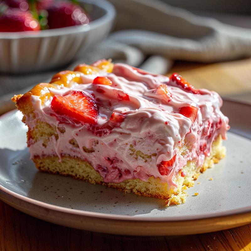 Close-up of strawberry honeybun cake slice with pink icing on a gray plate.