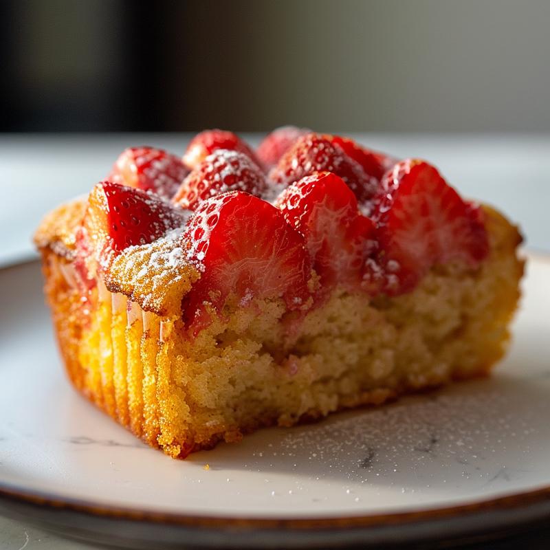 Close-up of a sliced strawberry cupcake on a white marble surface.