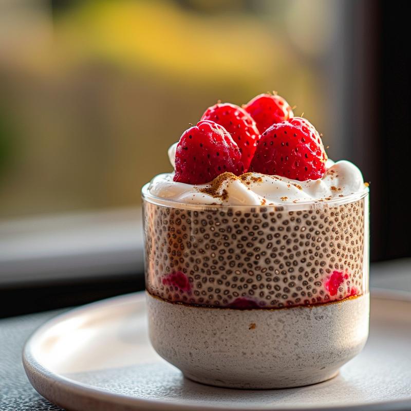Close-up of strawberry chia pudding on a grey plate.
