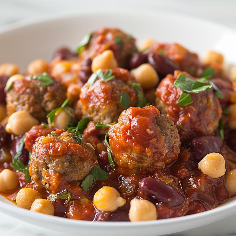 Close-up of meatball casserole showing meatballs, beans, and marinara sauce.