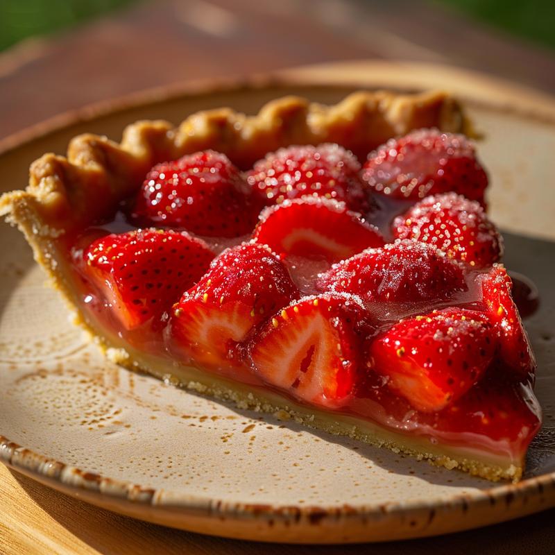 Close up of a strawberry pie slice on a light wood board.