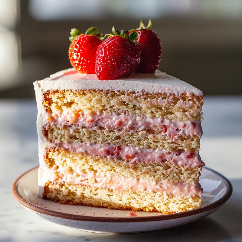 Close-up of a slice of strawberry birthday cake with visible layers and fresh strawberries.