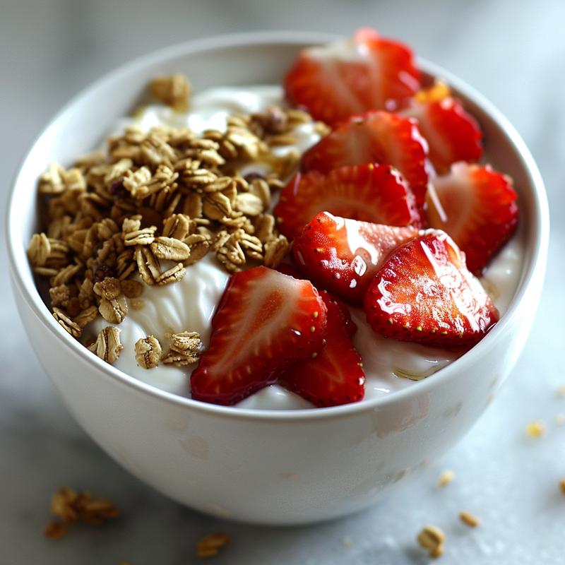 A close-up of a strawberry yogurt parfait with visible layers of yogurt, strawberries, and granola on a white marble surface.