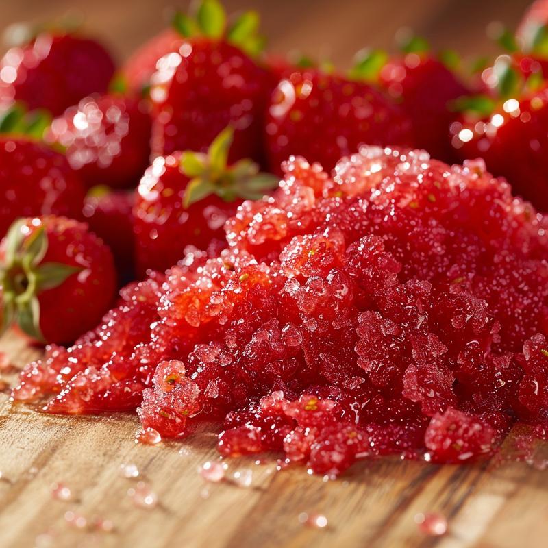 Close-up of bright red homemade strawberry jam on a light wood board.