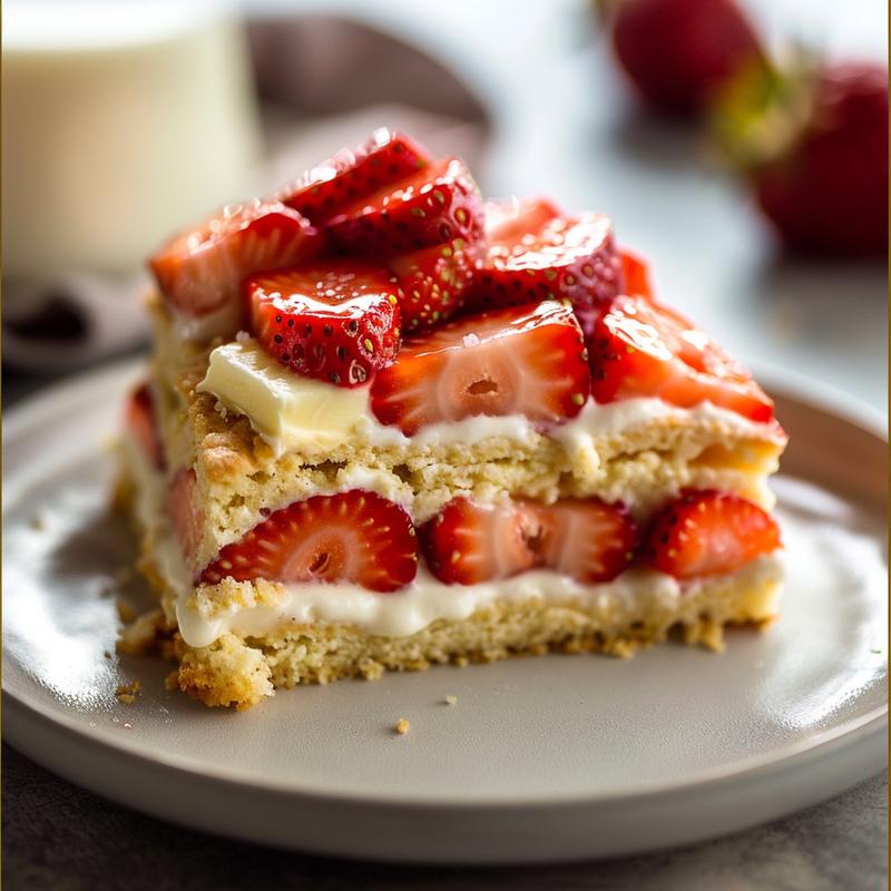 A close-up of a slice of strawberry shortcake on a gray plate.